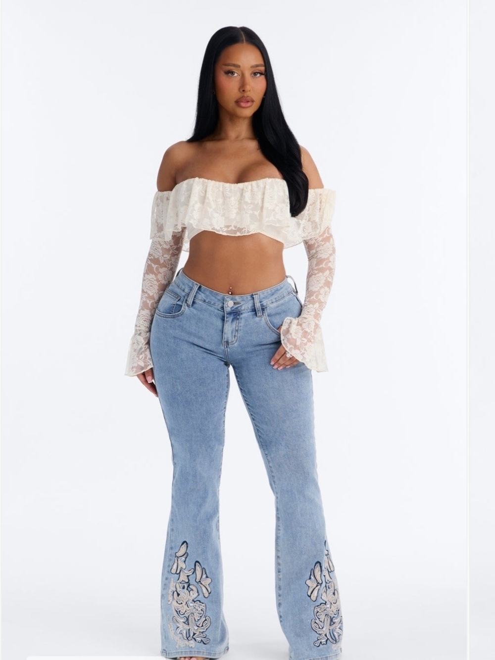 Fashion Nova Light Blue Embroidered Flare Jeans